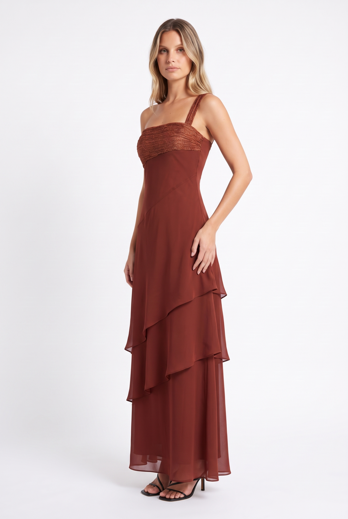 Rust one-shoulder tiered chiffon maxi dress — three-quarter