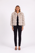 Silver fox colour cropped faux fur jacket with three-quarter sleeves — front